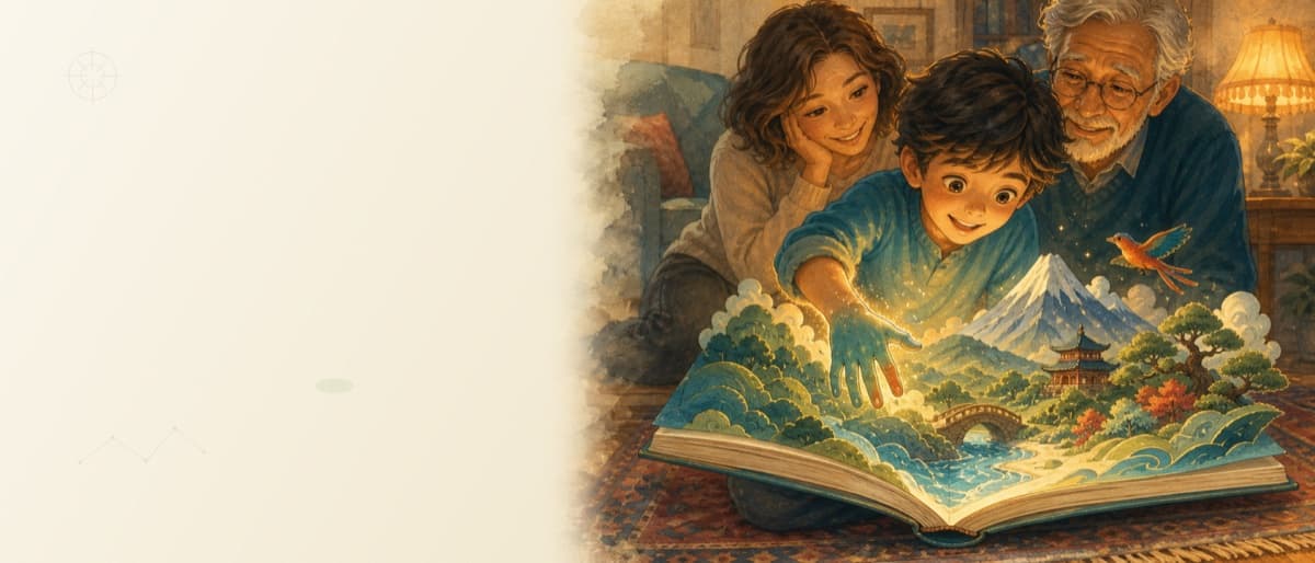 A child watches in amazement as a three-dimensional illustrated world rises from an open picture book; their mother and grandfather lean in to share the wonder.